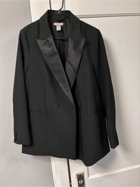 H&M Black Satin-Trim Double-Breasted Blazer